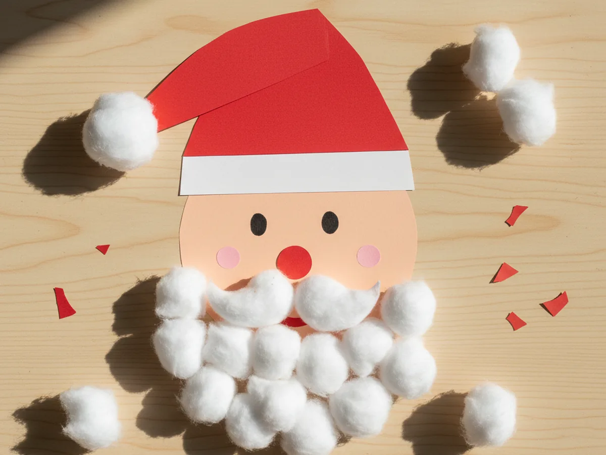 Finished handmade Santa Claus paper craft with a round peach face, a red triangle hat with white trim and a white pom pom, a fluffy white cotton ball beard and mustache, two round black eyes, a small red nose, and pink cheek circles