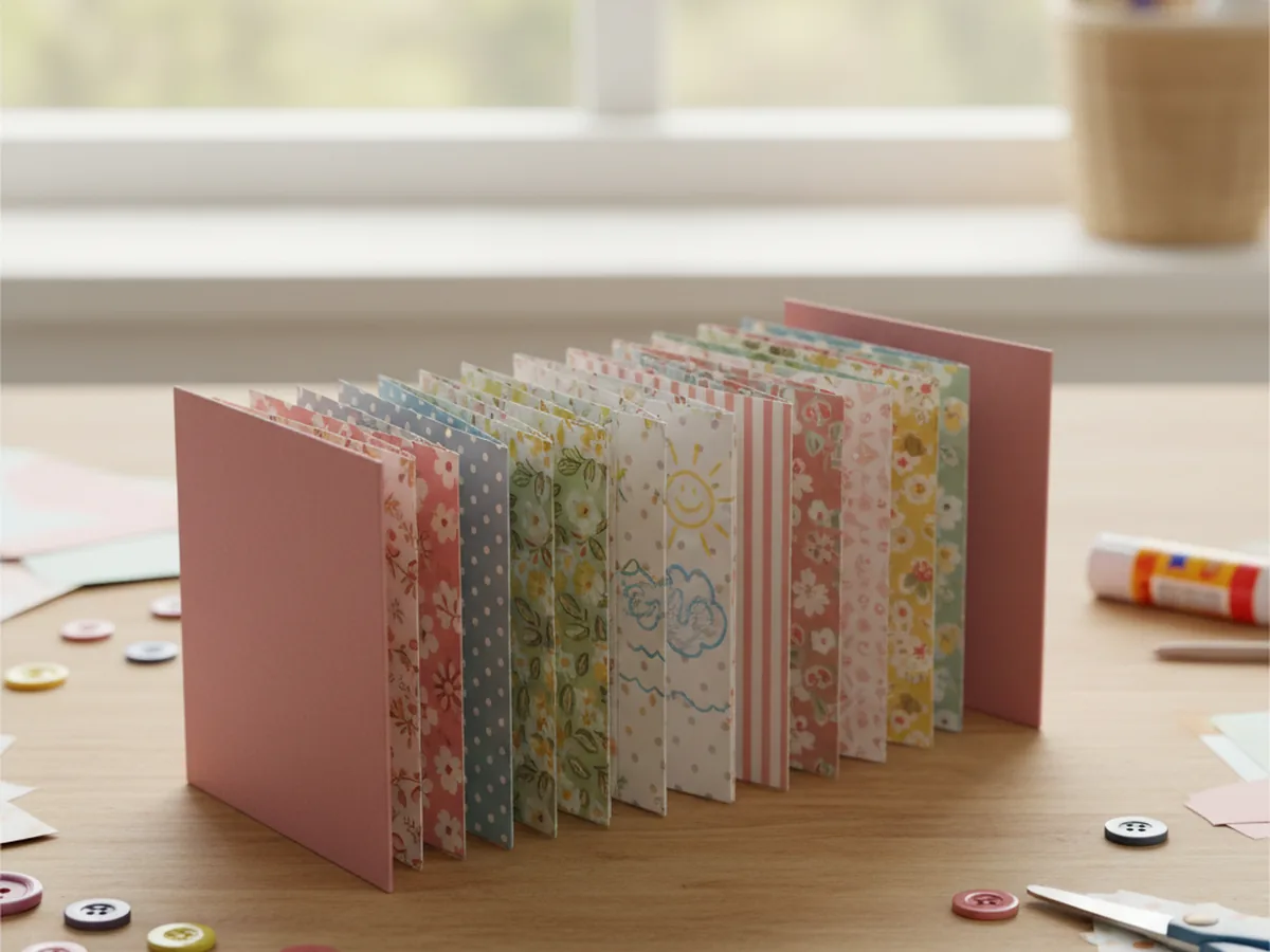 A handmade mini accordion book made from patterned scrapbooking paper strips with solid cardstock covers spread open on a craft table