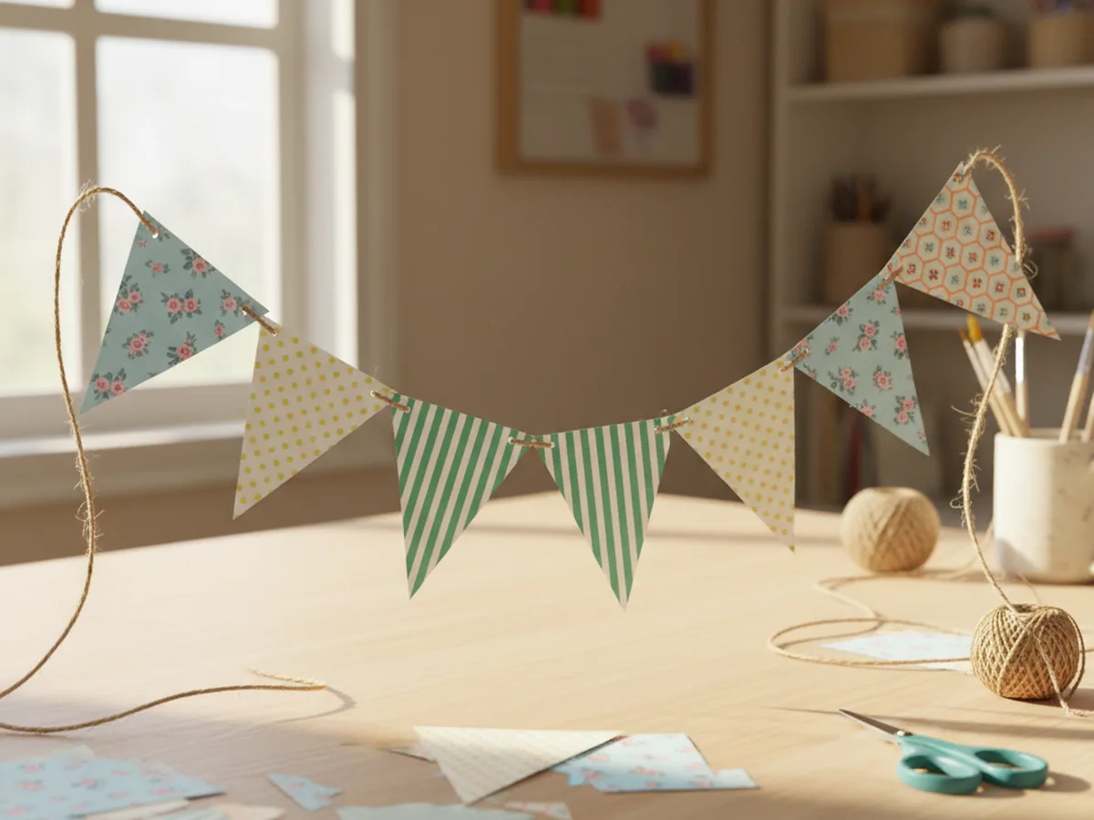 A handmade patterned scrapbooking paper bunting banner with alternating triangle pennants strung on twine on a craft table
