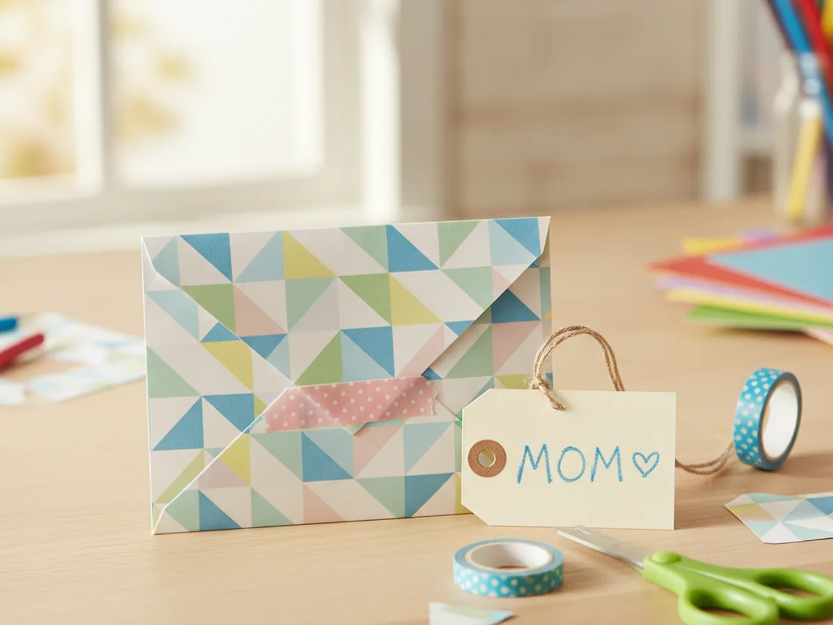 A handmade folded patterned paper envelope with a washi tape seal and small handwritten tag on a craft table