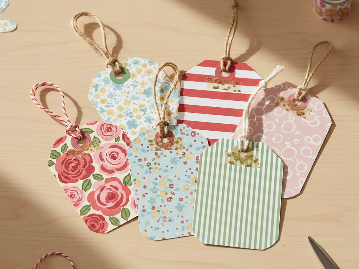 A set of handmade patterned paper gift tags with ribbon loops and washi tape accents arranged on a craft table
