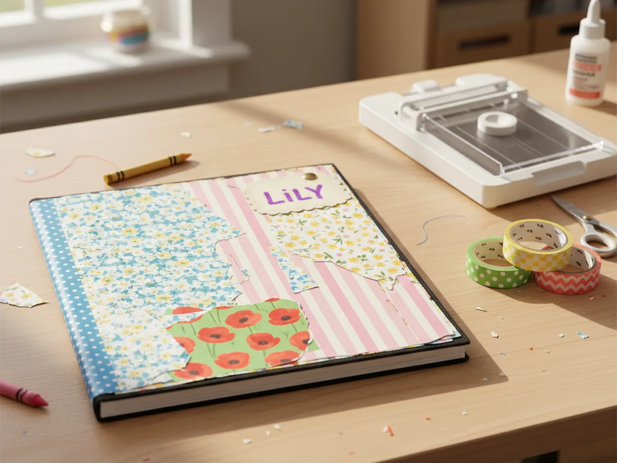 A plain notebook decorated with patterned scrapbooking paper pieces and a washi tape spine with a child's name tag on a craft table