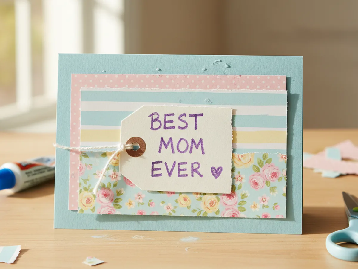 A handmade layered greeting card with three stacked patterned paper rectangles and a small journaling tag on a craft table