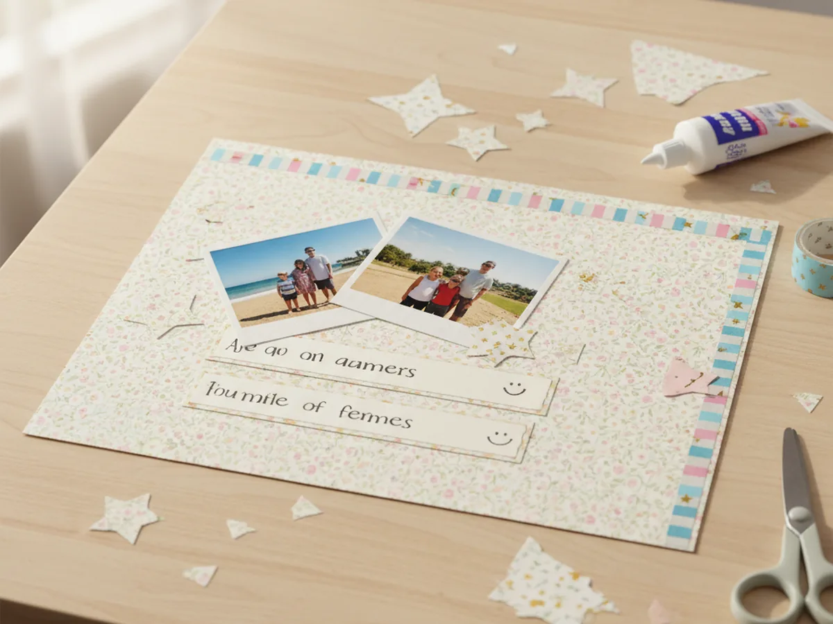 A handmade scrapbook memory page with patterned paper background layered photos and decorative paper shapes on a craft table