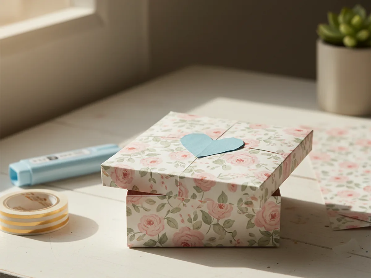 A handmade patterned scrapbooking paper origami box with a small paper heart on the lid sitting on a craft table