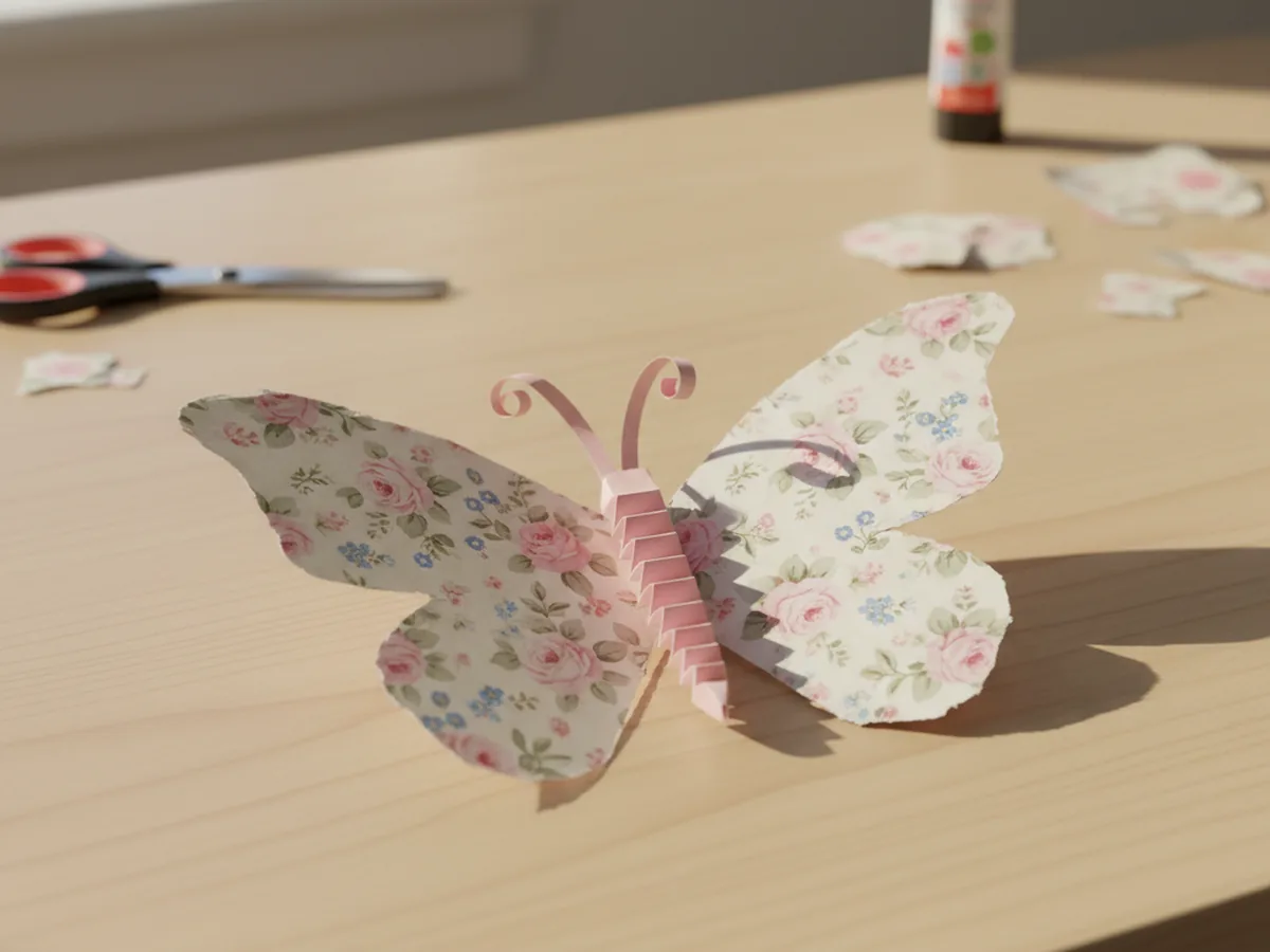 A handmade patterned scrapbooking paper butterfly with accordion-fold body and curled paper antennae on a white craft table