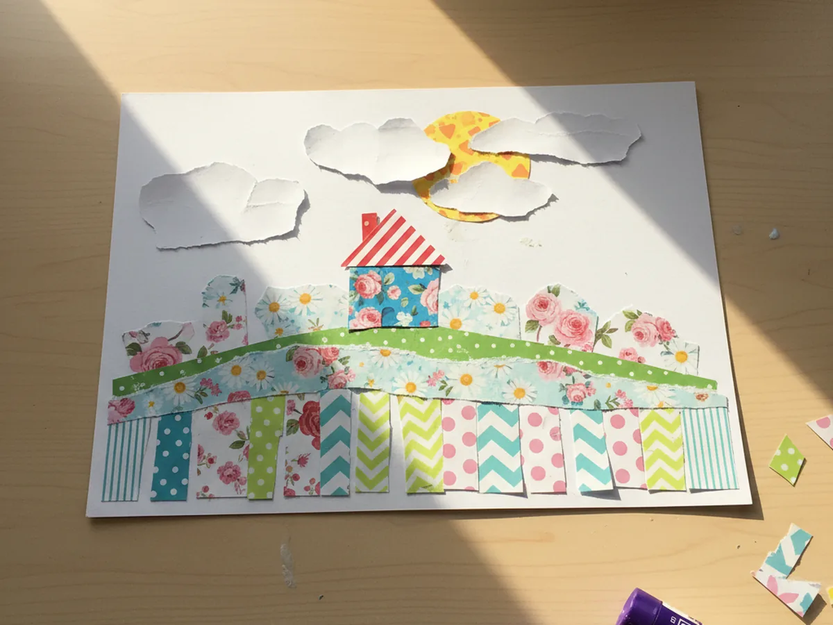 A handmade paper collage with torn and cut patterned scrapbooking paper pieces arranged in a colorful scene on a white background