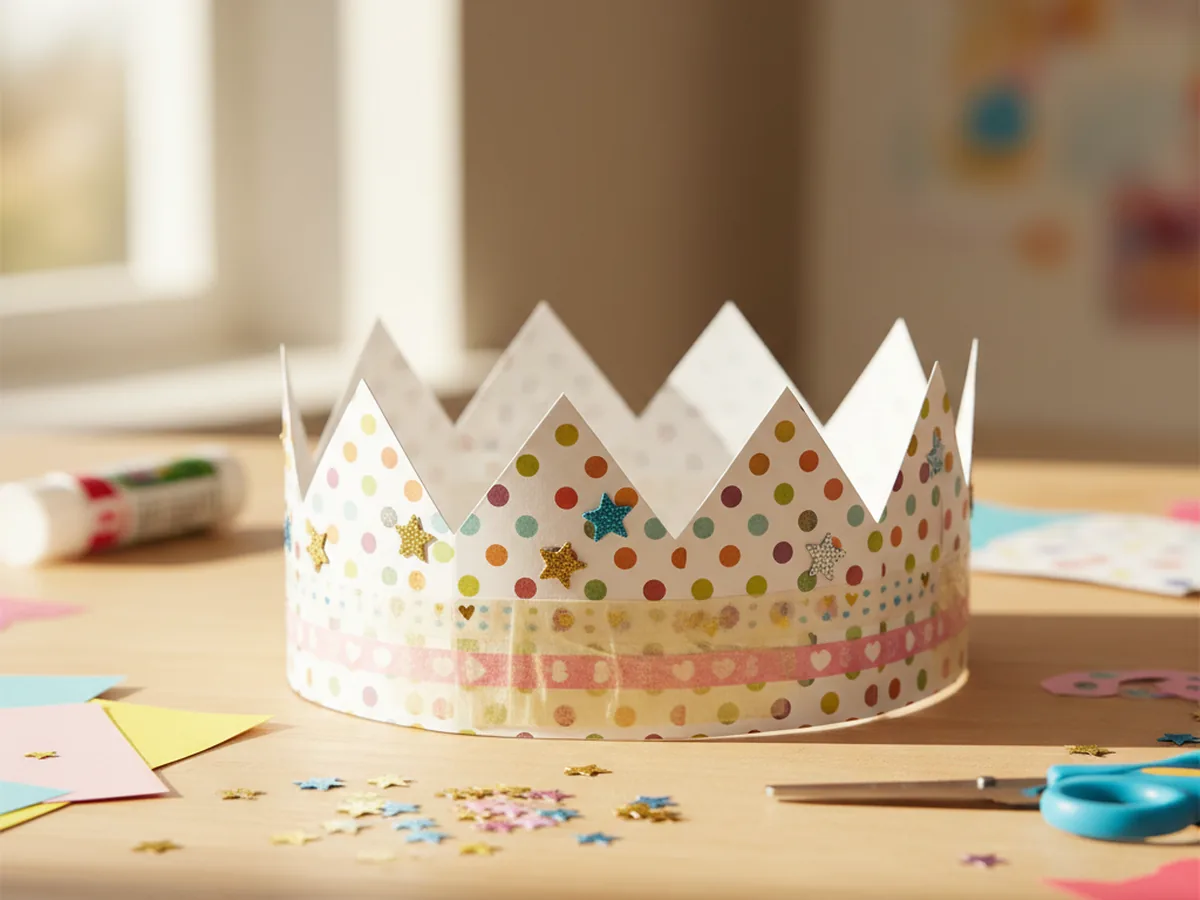 A handmade patterned scrapbooking paper crown with zigzag points and sticker decorations on a craft table