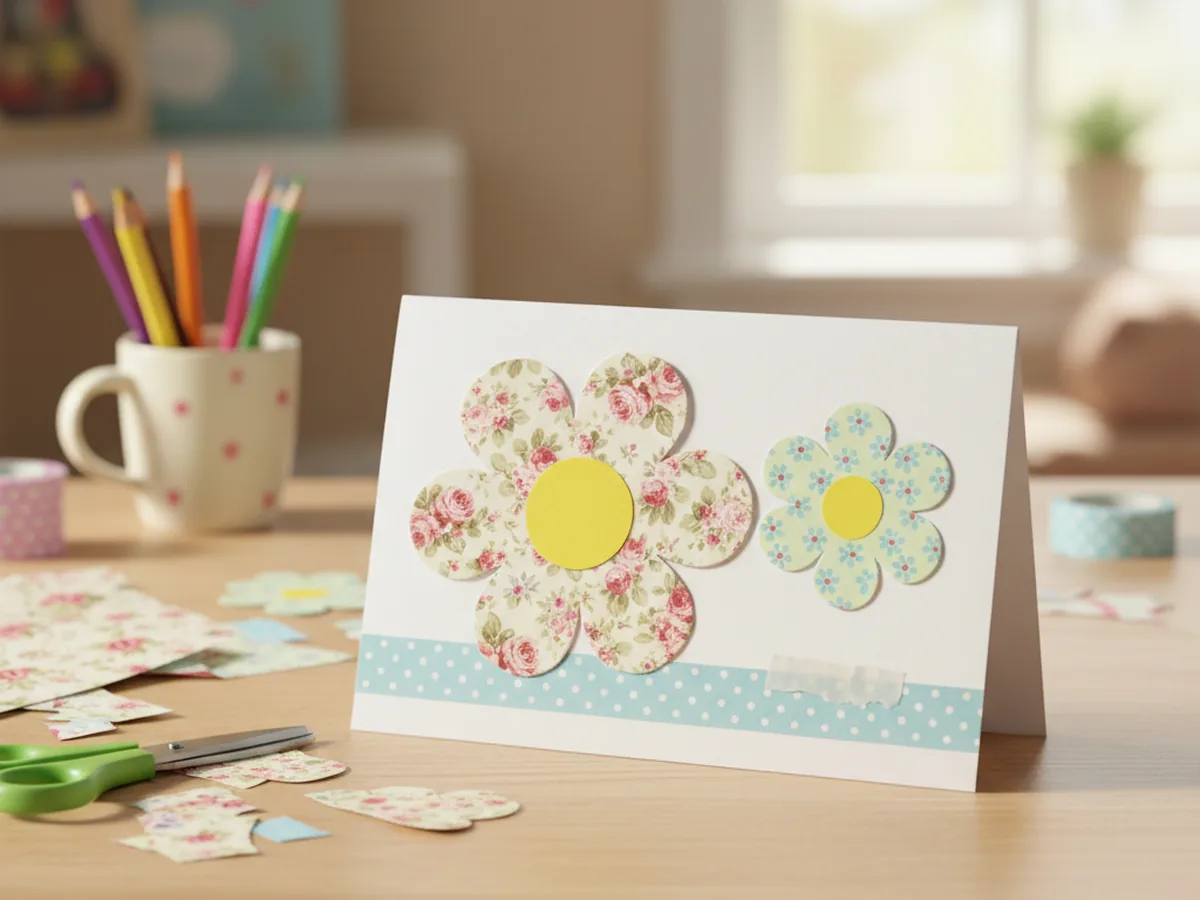 A handmade paper flower greeting card with layered patterned paper flowers and a washi tape border on a craft table