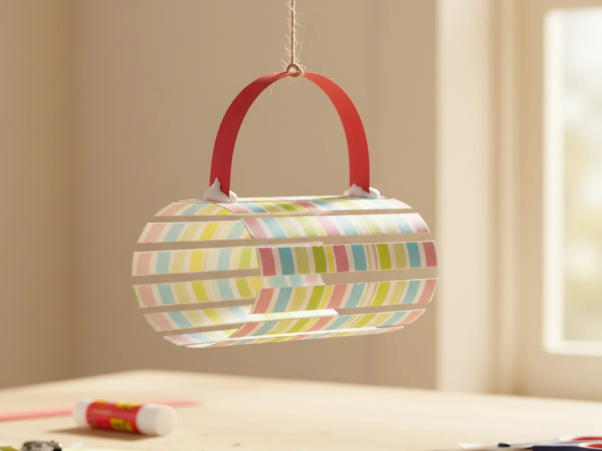 A handmade patterned scrapbooking paper lantern with bowing slit sides and a contrasting paper handle on a craft table