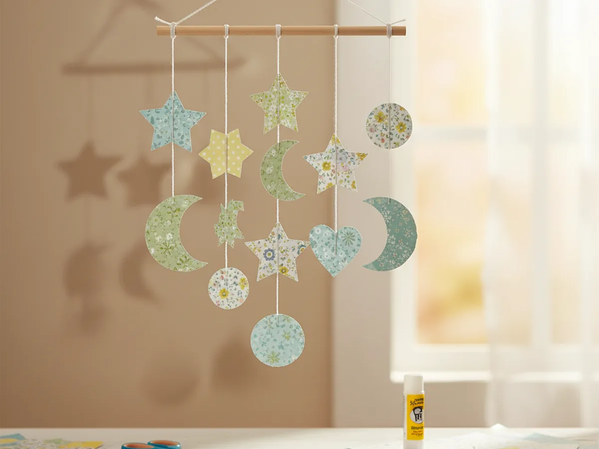 A handmade paper mobile with patterned scrapbooking paper stars moons and hearts hanging on threads from a wooden dowel