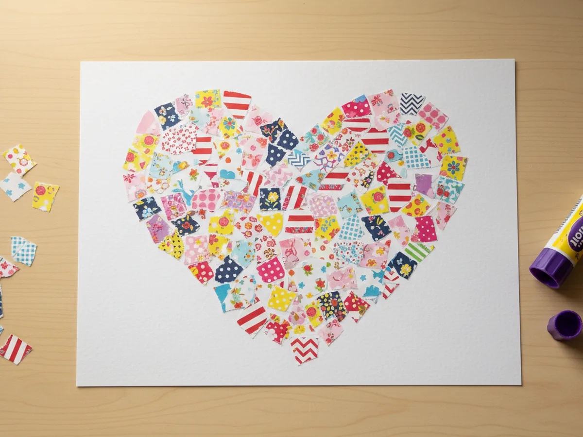 A handmade paper mosaic art piece with small squares of patterned scrapbooking paper arranged in a heart shape on a white background