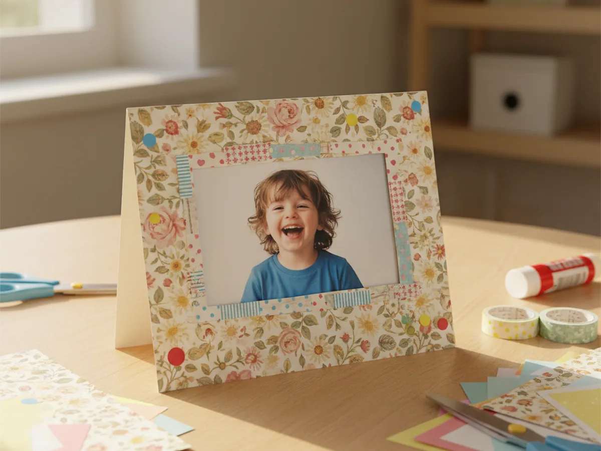 A handmade patterned paper photo frame with washi tape border decoration standing upright on a craft table