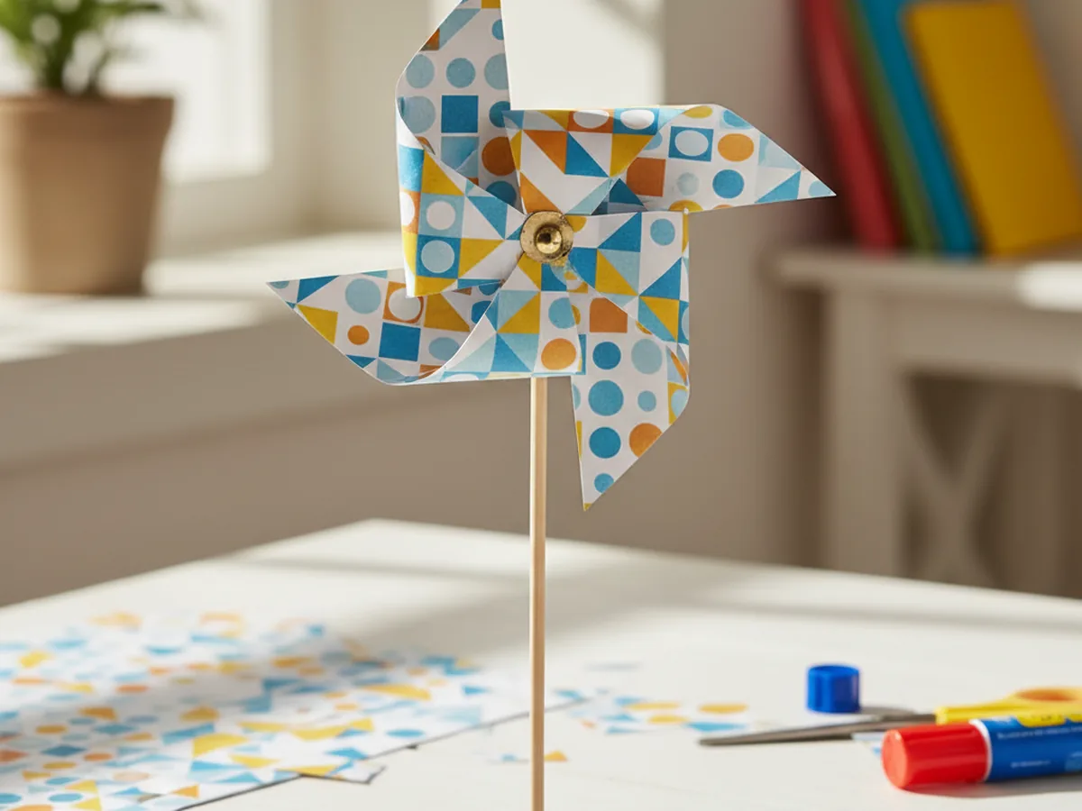 A handmade patterned scrapbooking paper pinwheel on a wooden dowel sitting on a bright craft table