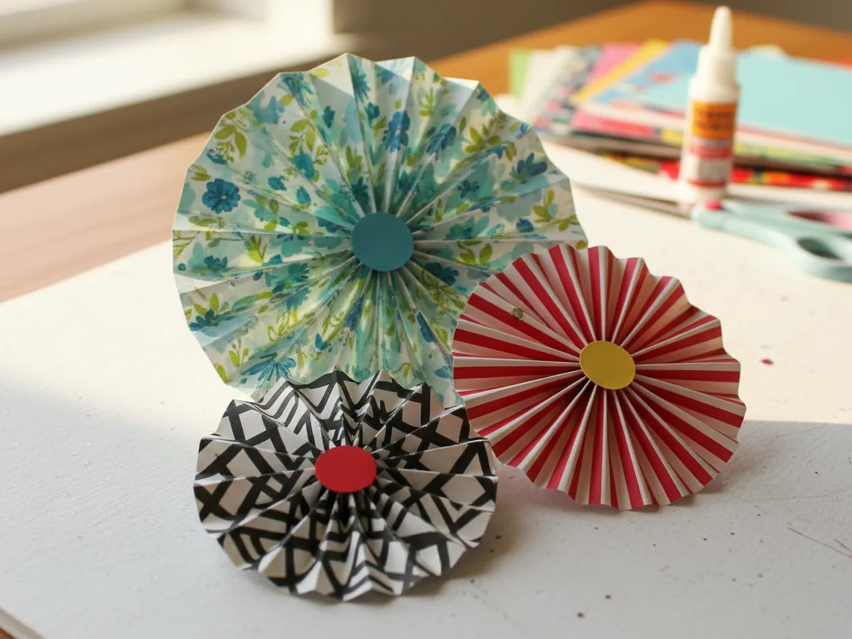 Handmade patterned scrapbooking paper rosettes in three different sizes and coordinating patterns displayed on a craft table