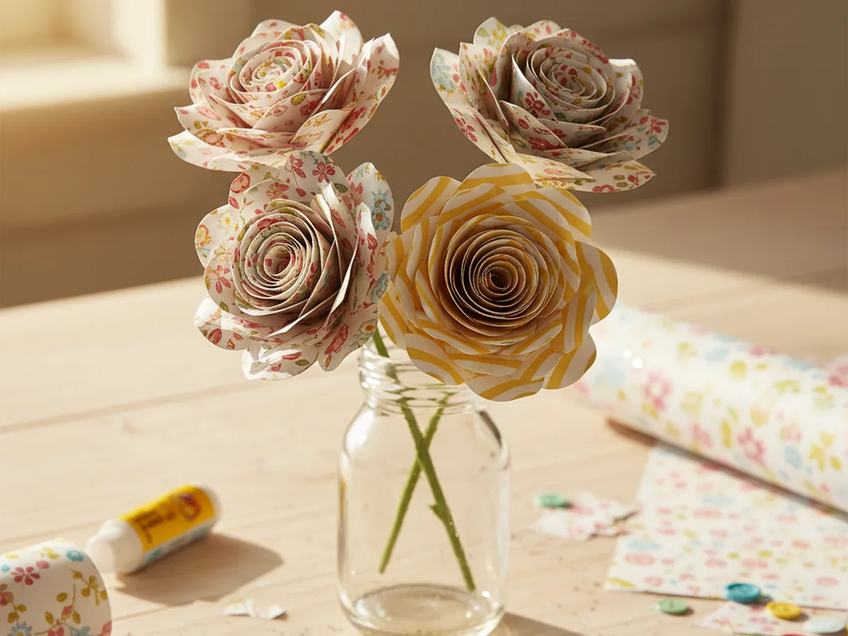 Several handmade rolled patterned scrapbooking paper flowers in a small glass vase on a craft table