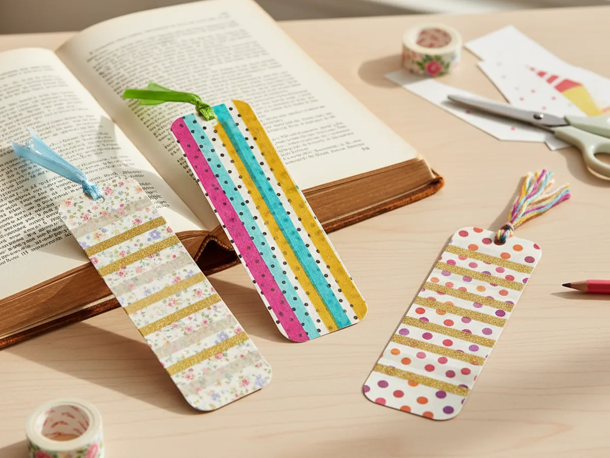 Handmade washi tape bookmarks in colorful patterned designs with ribbon tassels sitting on the corner of an open book