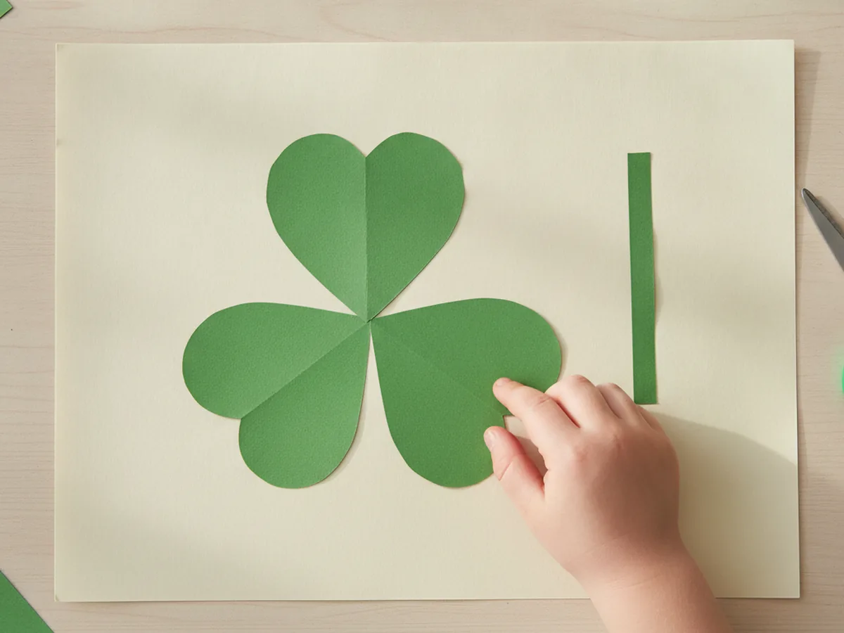 Three green paper hearts arranged into a shamrock shape with their points meeting in the center, not yet glued