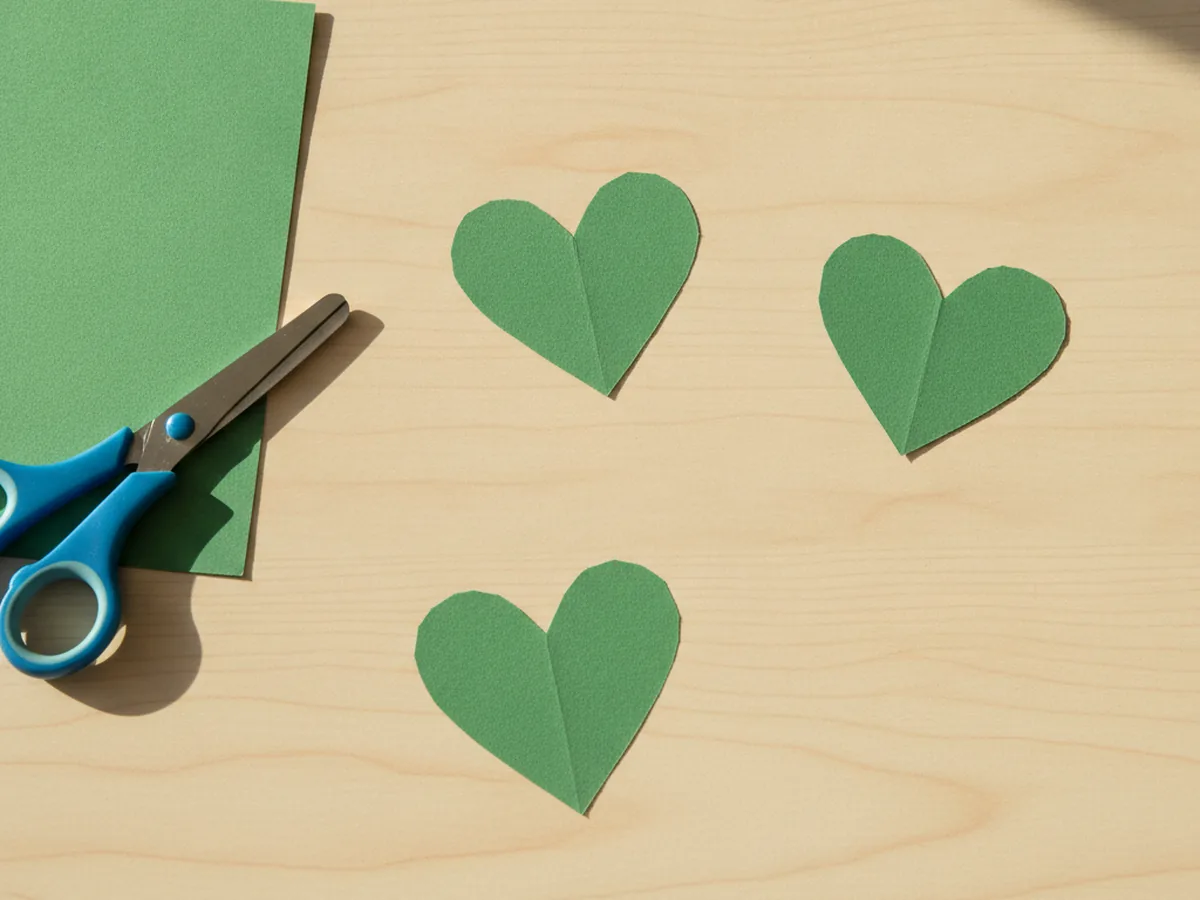 Three green paper hearts of the same size cut from construction paper and laid out on a craft table