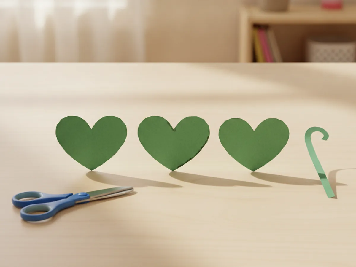 A thin green paper stem strip cut out next to three green paper hearts on a craft table