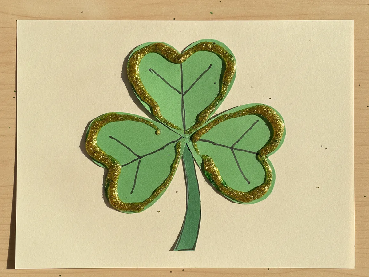 Finished shamrock paper craft with three green hearts, a green stem, marker leaf veins, and gold glitter accents on a cream background