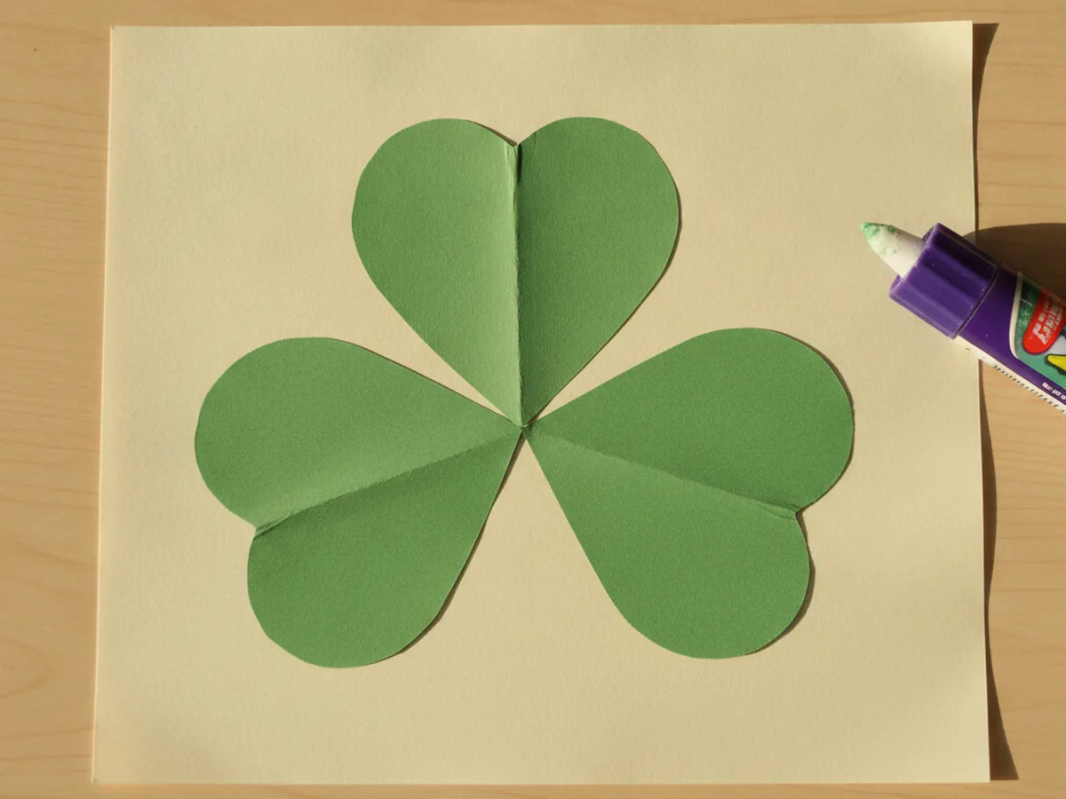 Three green paper hearts glued onto a cream background forming a shamrock shape