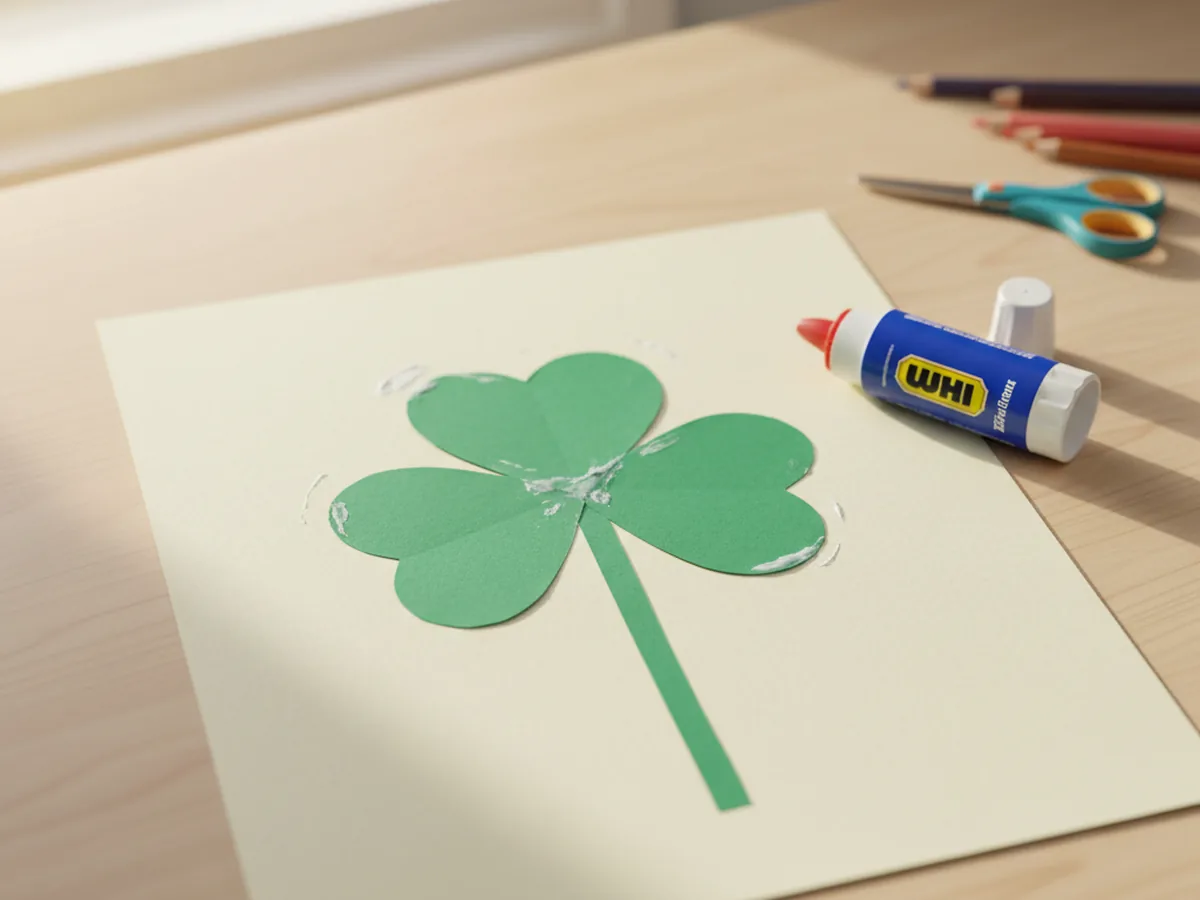 A green paper stem glued below three green hearts to complete a shamrock paper craft on a cream background