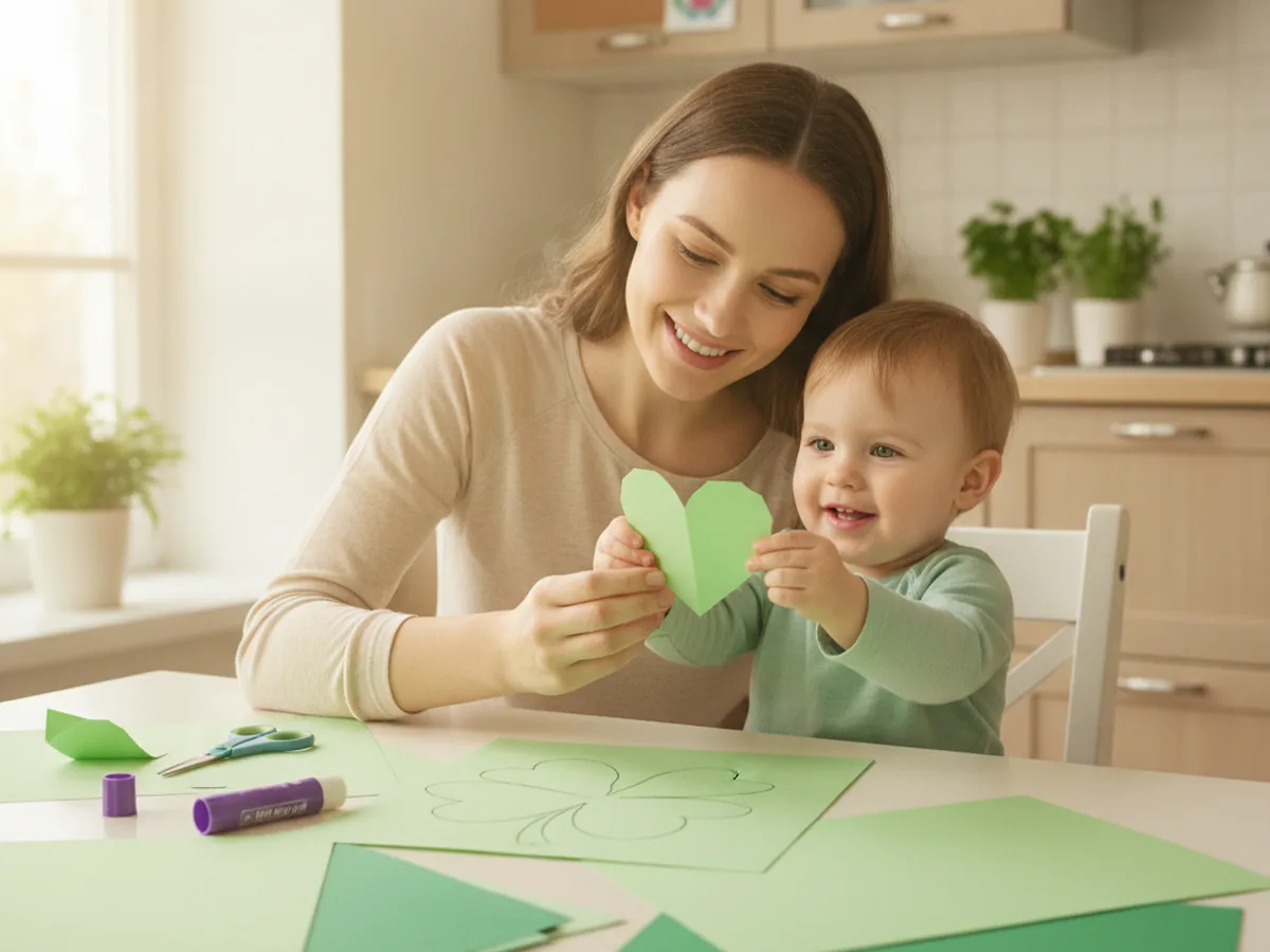 A mom and young child sitting at a craft table getting ready to make a shamrock paper craft with green construction paper