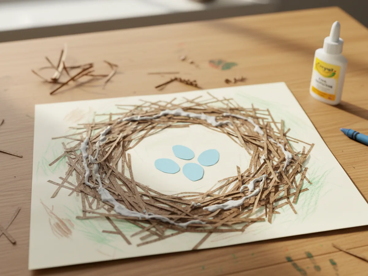 A handmade shredded paper bird's nest collage with brown shreds glued in a circle and three small blue paper eggs in the center