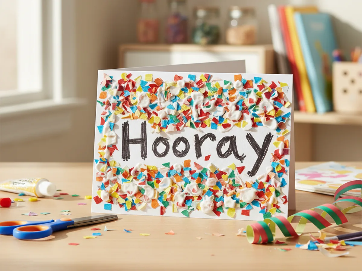 A handmade greeting card with the front covered in colorful shredded paper confetti glued in a celebration pattern