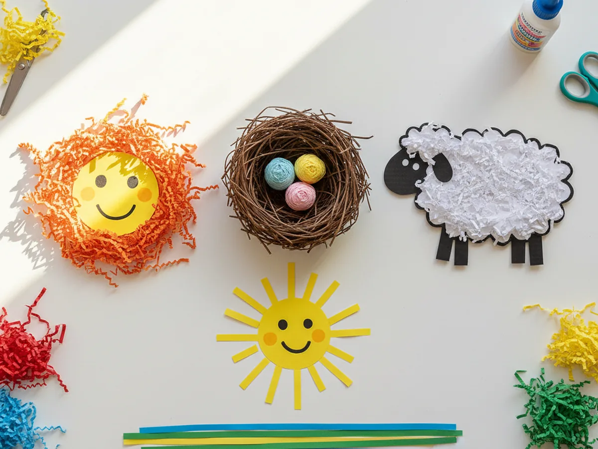 A colorful flat lay of handmade shredded paper crafts including a bird's nest, lion mane mask, fluffy sheep, sun rays painting, and rainbow strips on a craft table