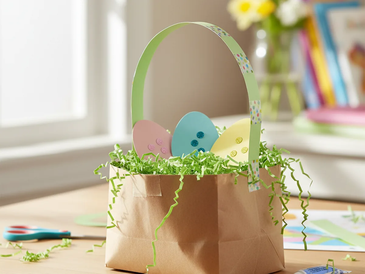 A small handmade paper Easter basket filled with green shredded paper grass and pastel cardstock egg cutouts on top