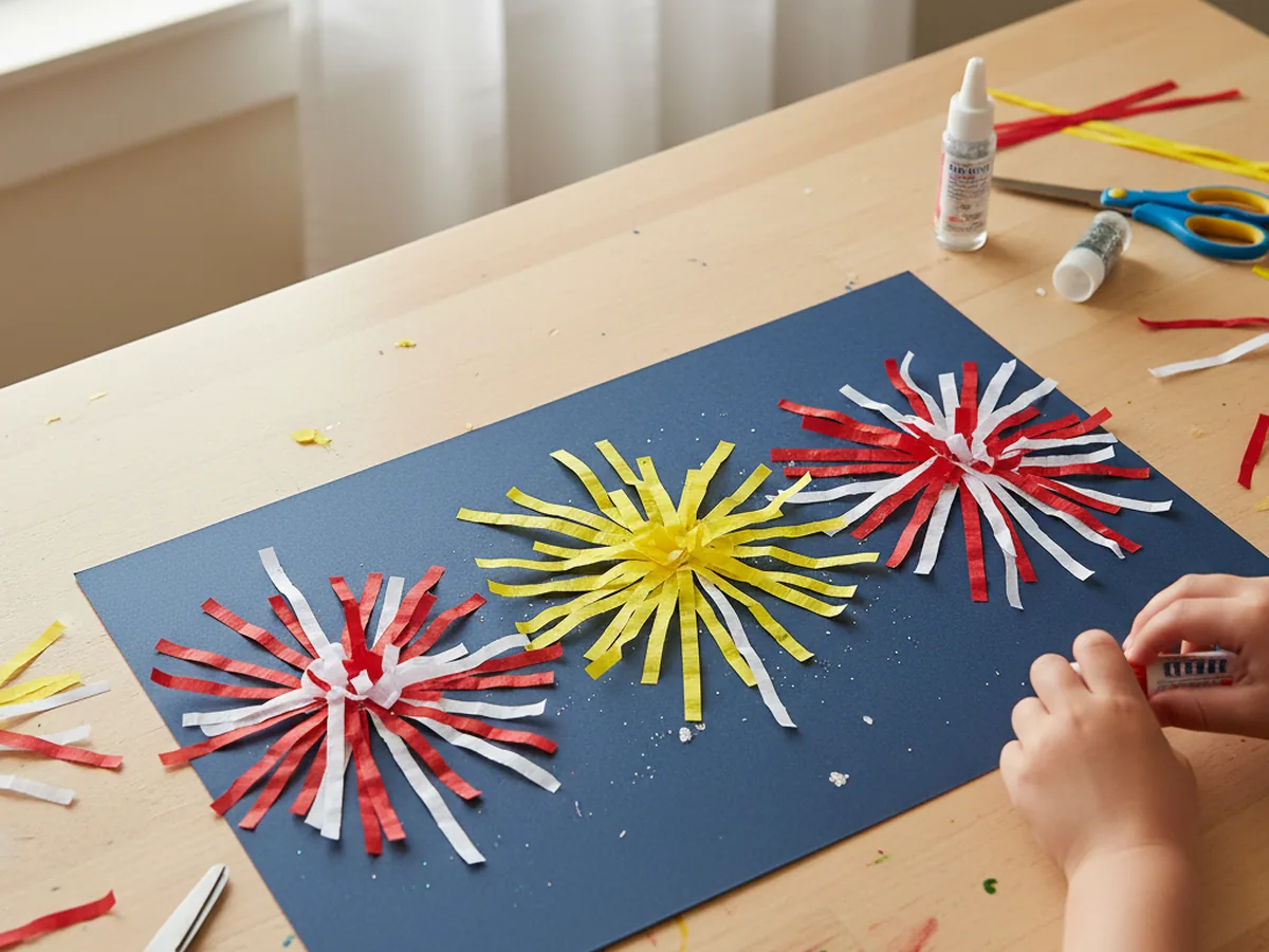 A handmade shredded paper fireworks picture with red, yellow, and blue shreds arranged in burst patterns on dark blue cardstock
