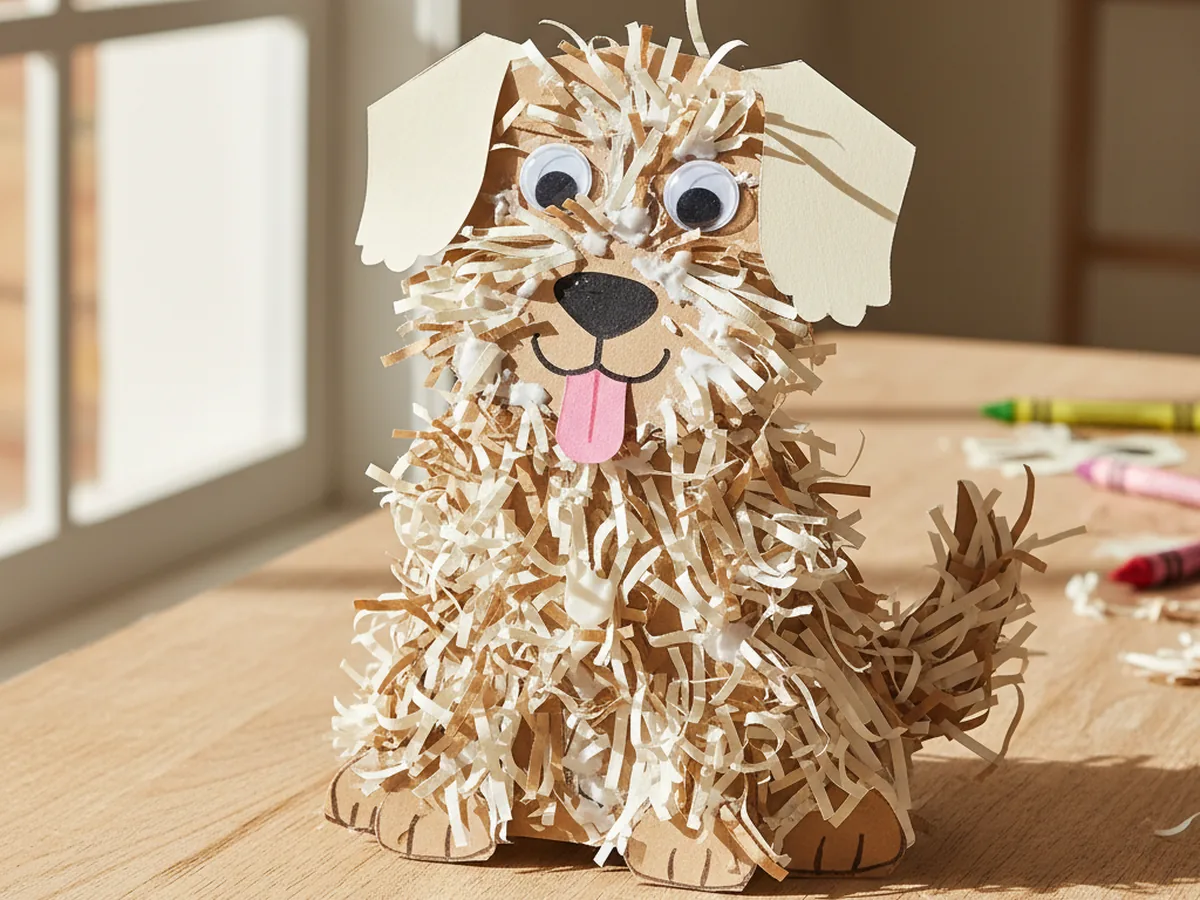 A handmade fluffy dog craft with a cardstock body covered in tan shredded paper fur, floppy ears, and a happy face