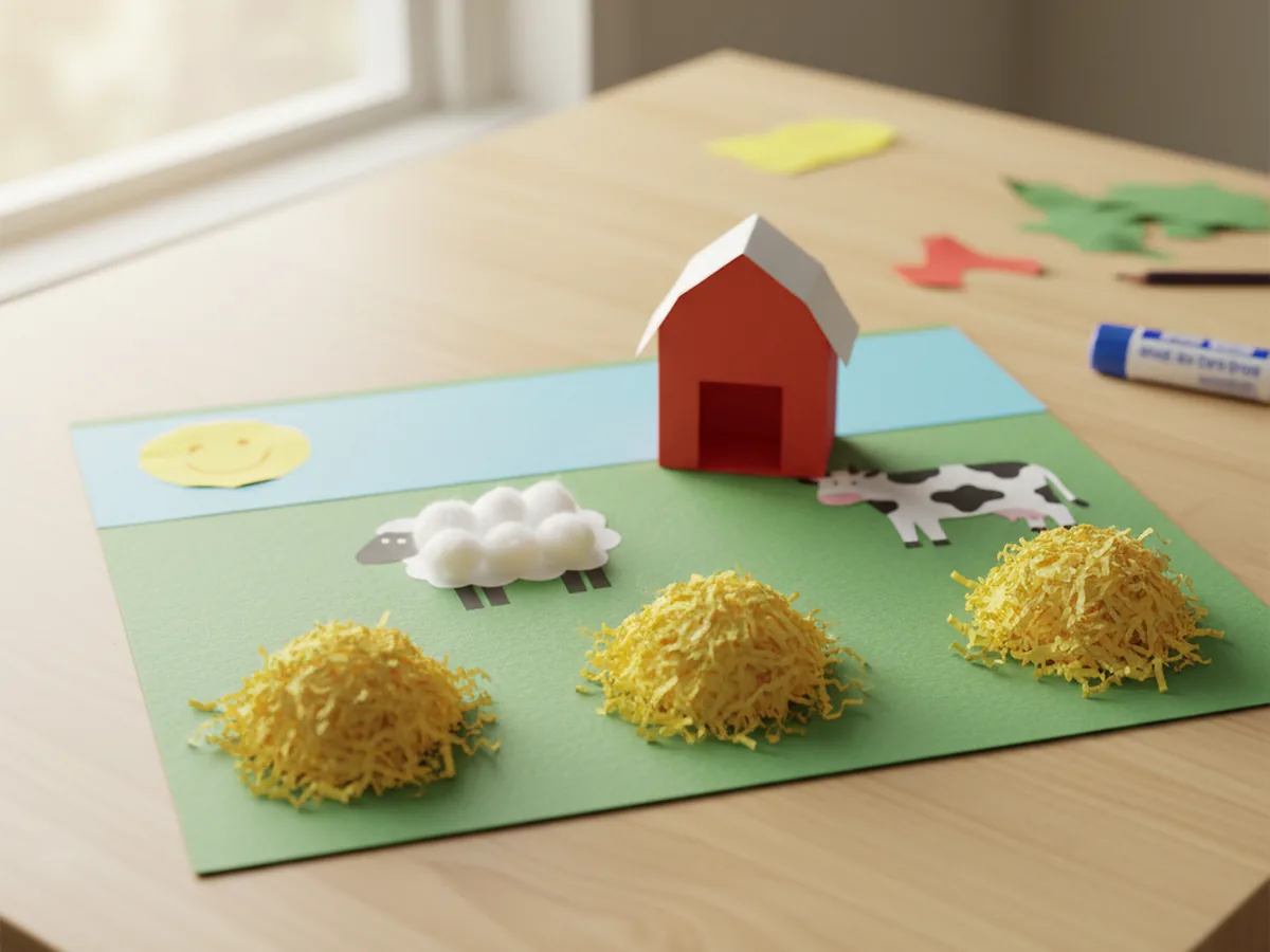 A handmade farm scene with yellow shredded paper hay bales, a small red barn, and paper animals on green cardstock
