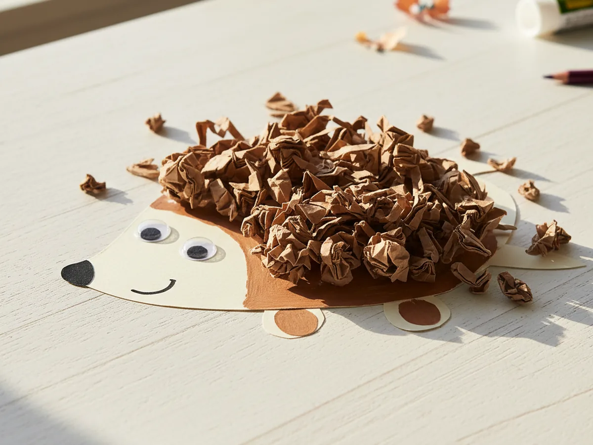 A handmade hedgehog craft with a brown paper teardrop body, smiling face, googly eyes, and shredded paper spines on its back