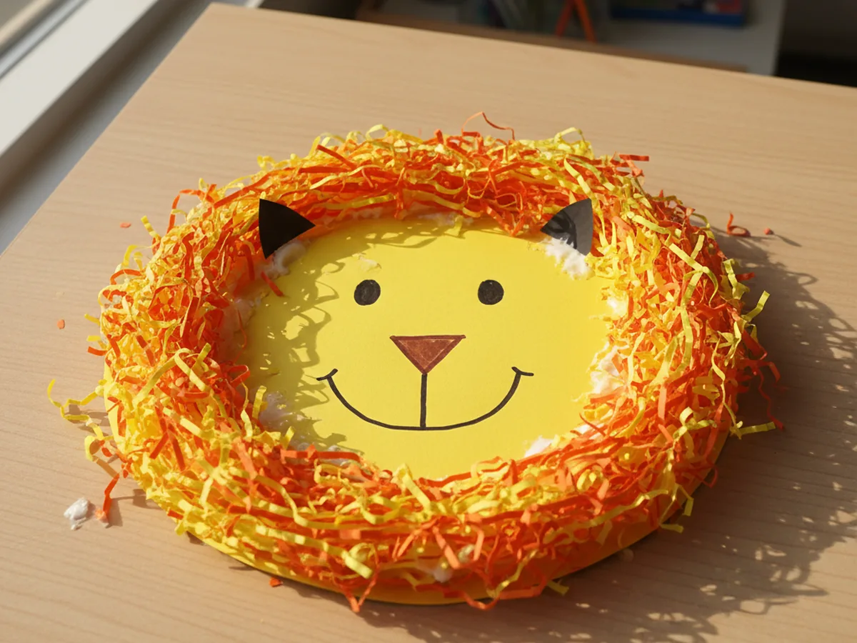 A handmade lion face craft with a yellow paper face and a fluffy orange and yellow shredded paper mane glued around the edges
