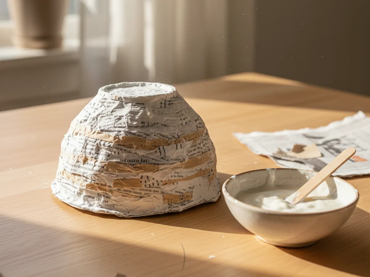 A handmade paper mache bowl made from layered shredded paper strips drying upside down on a craft table