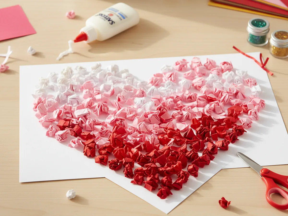 A handmade heart shape filled with layered red and pink shredded paper mosaic on a white cardstock background
