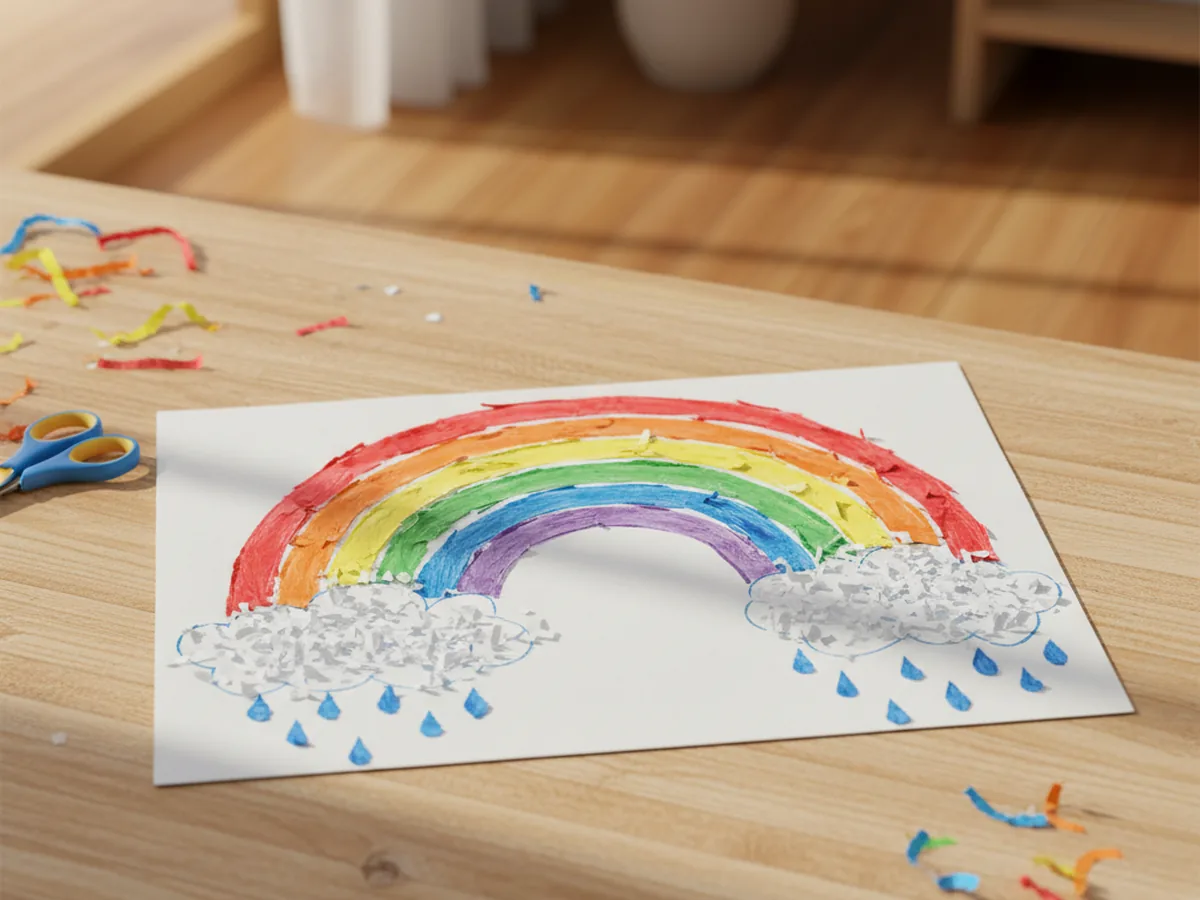 A handmade rainbow craft with curved stripes of red, orange, yellow, green, blue, and purple shredded paper and white cloud ends