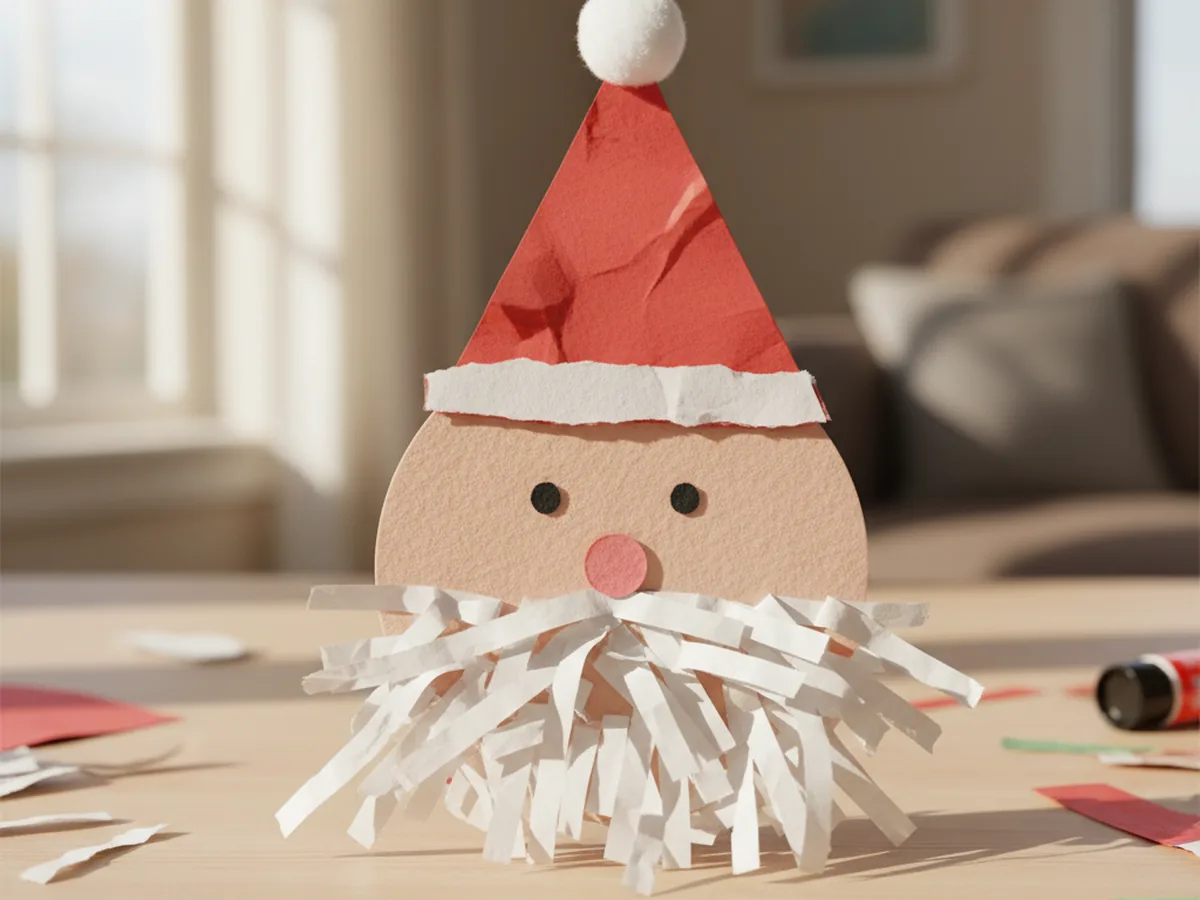 A handmade Santa face craft with a red paper hat, smiling face, and thick fluffy beard made from white shredded paper