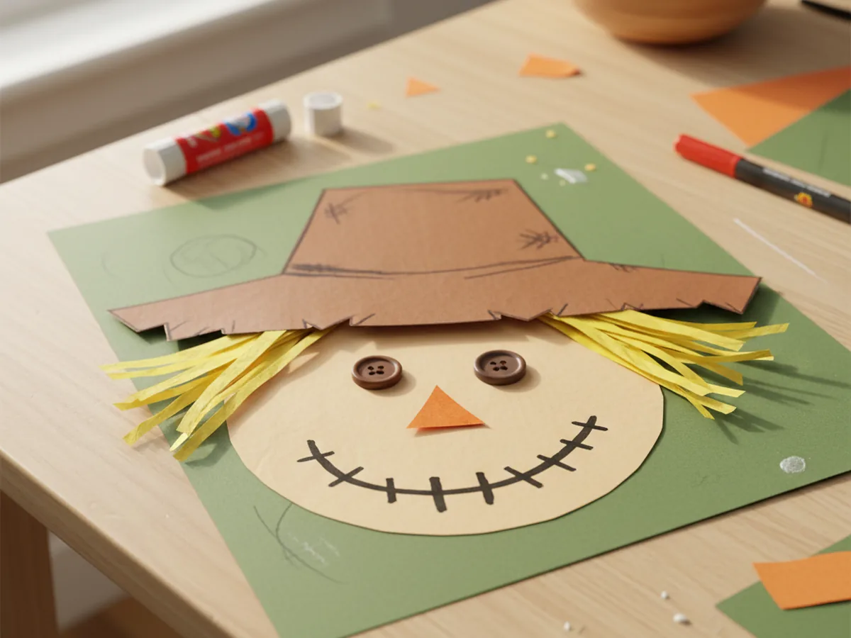 A handmade scarecrow face craft with a brown paper hat and yellow shredded paper straw hair sticking out from under the brim