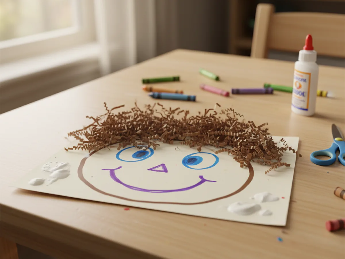 A handmade child self-portrait craft with a paper face and shredded paper hair glued on top of the head on a craft table