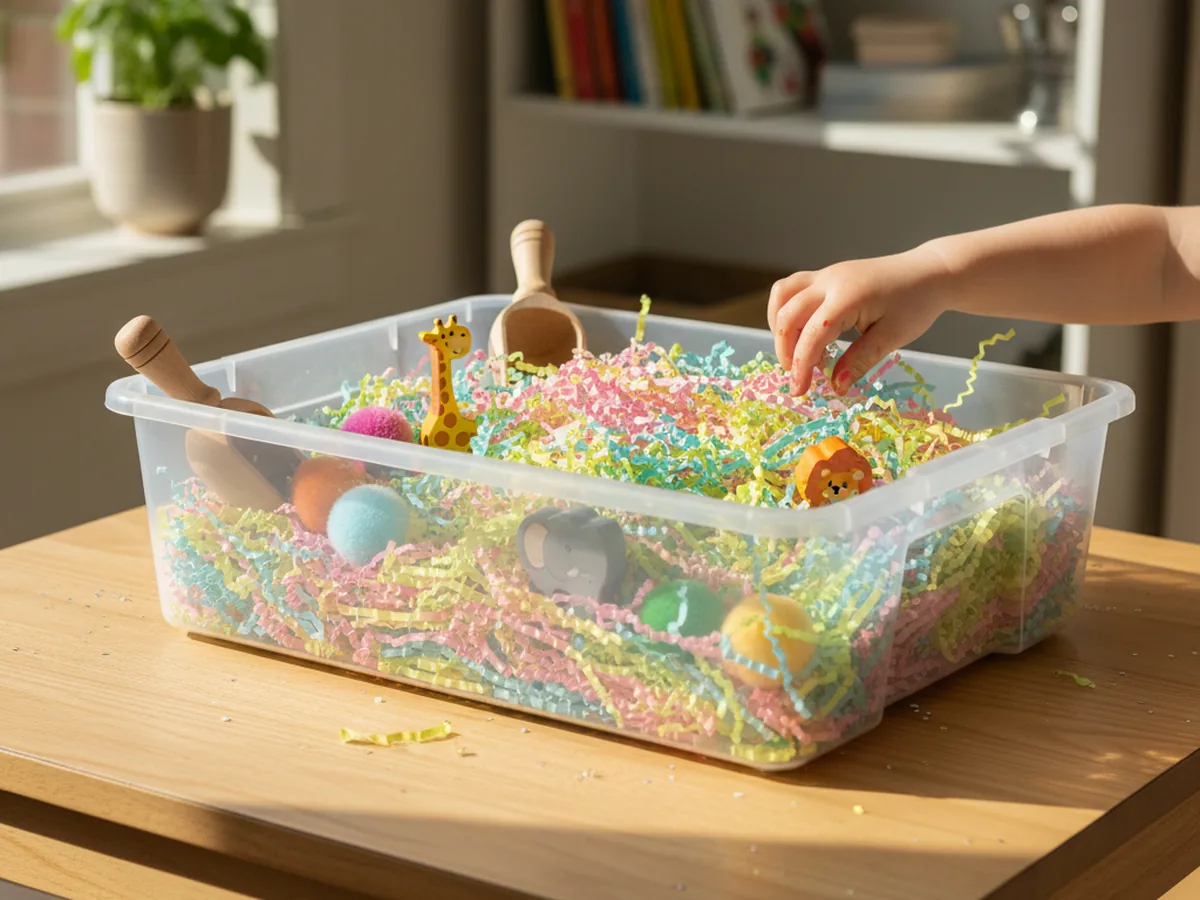 A shallow plastic tub filled with colorful shredded paper, wooden scoops, small toys, and rainbow pom poms hidden inside