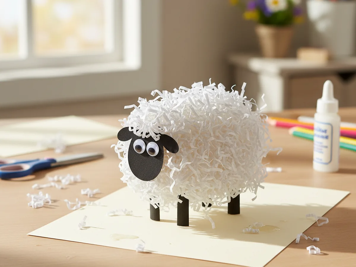 A handmade fluffy sheep craft with a black paper body and face covered in white shredded paper wool on a craft table
