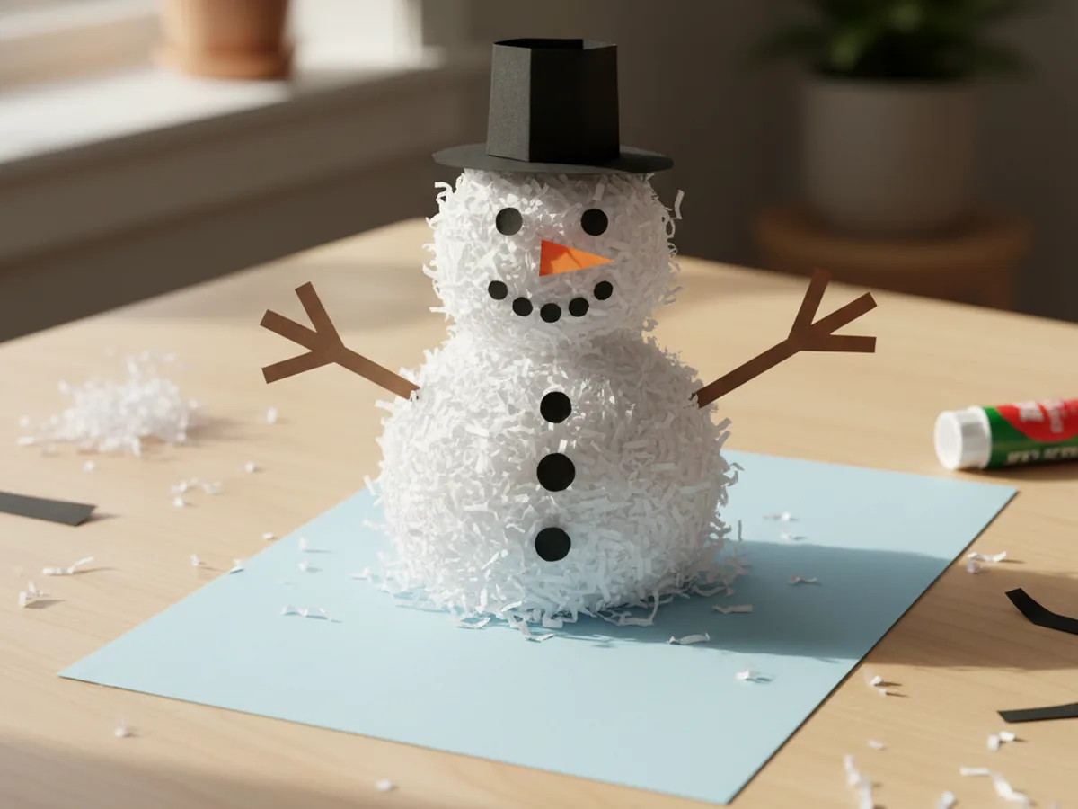 A handmade snowman craft with three fluffy white shredded paper sections, a black paper top hat, orange nose, and twig arms