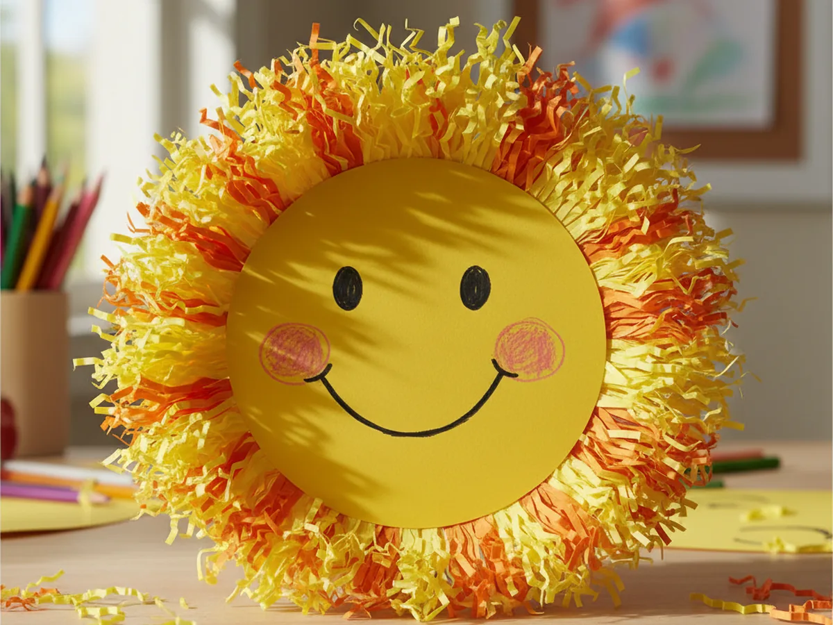 A handmade smiling sun craft with a yellow circle face and a fluffy ring of yellow and orange shredded paper sun rays