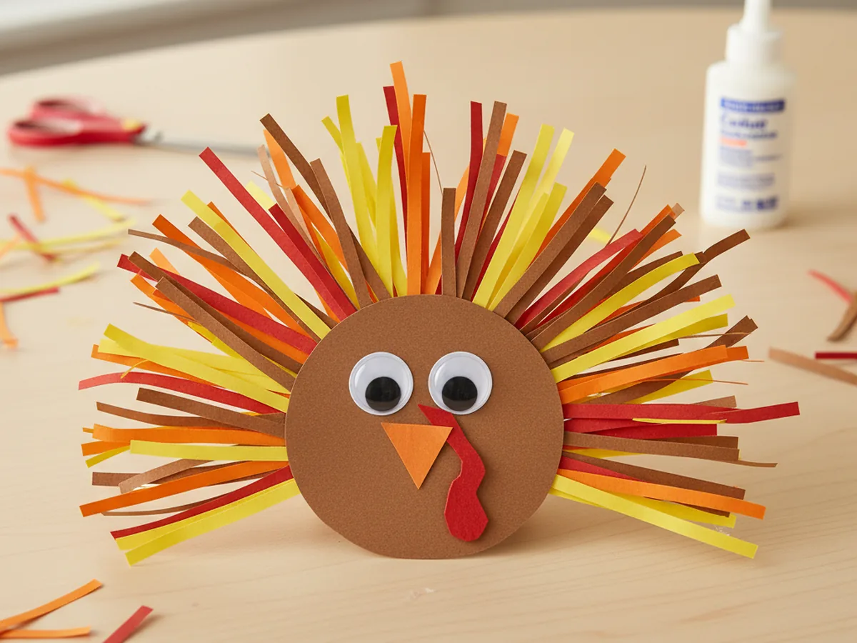 A handmade turkey craft with a brown paper body and red orange yellow and brown shredded paper feathers fanned out behind