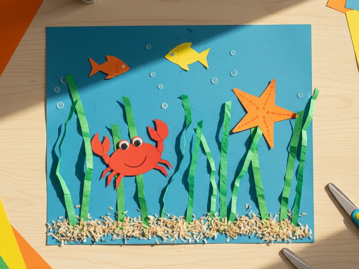 A handmade underwater scene with green shredded paper seaweed and paper fish, starfish, and a smiling crab on blue cardstock