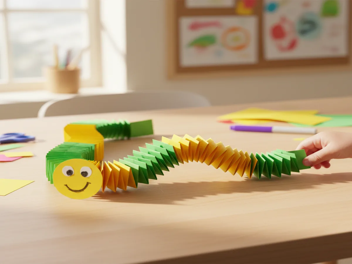 Springy handmade paper accordion worm craft made from two interlocked paper strips folded in alternating directions